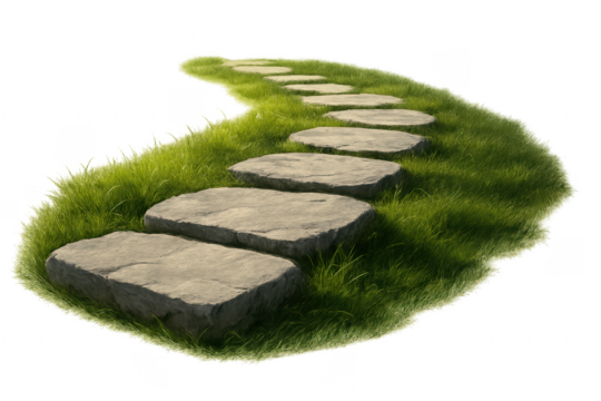 Stone path winding through green grass on transparent background