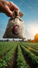 Hand holding burlap money bag with euro symbol over green agricultural field agriculture farming