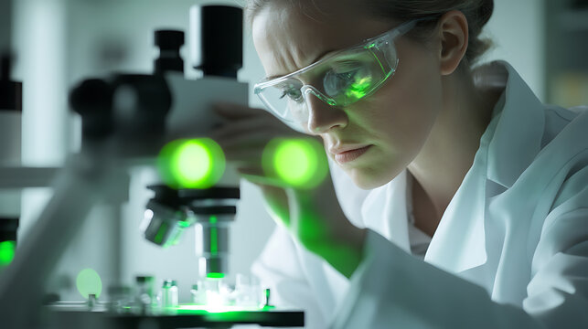 Focused scientist examining samples under a microscope in a laboratory, wearing safety goggles, looking concentrated.
