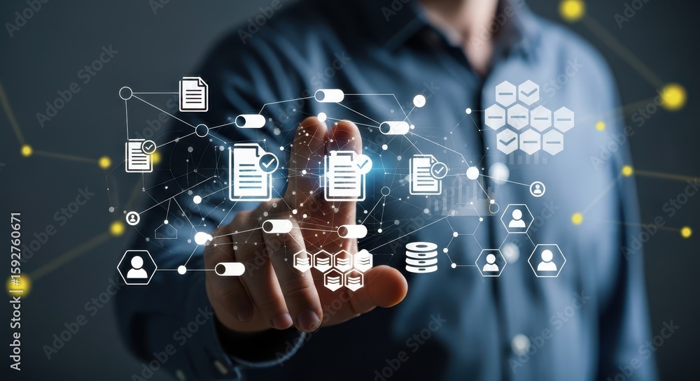 Poster photo of a persons finger touches a digital interface displaying a network of data icons, documents,