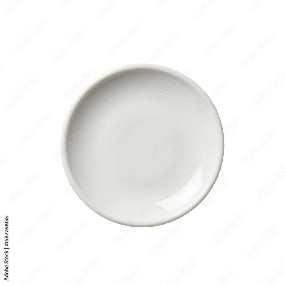 Poster pristine miniature white ceramic plate, perfectly round with a smooth glossy finish, centered on an 