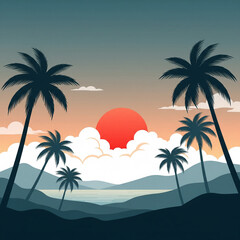 Obraz premium Tranquil Tropical Sunset Vector Illustration of Palm Trees Silhouetted Against a Colorful Sunset Sky, Evoking Serenity and Relaxation