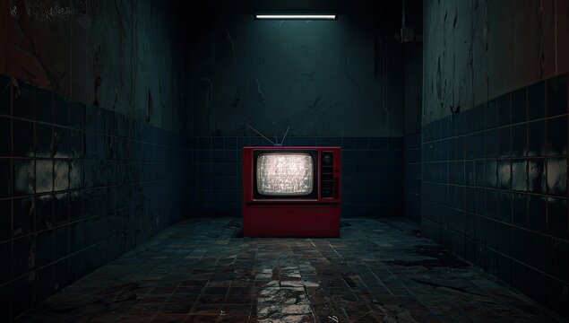 A vintage red television in a dark, decaying room