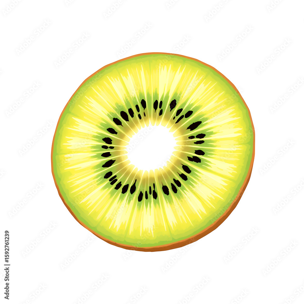 Poster a single slice of a golden kiwi with black seeds image on transparent background