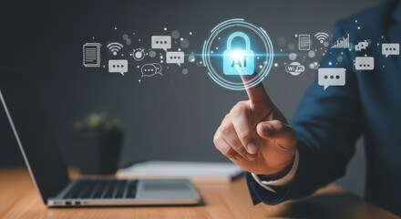 Digital Security Concept Man Interacting with Lock Icon, Laptop & Communication Elements for Safe Technology