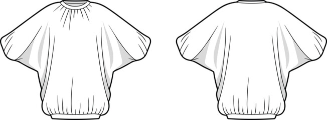 oose-fitting batwing sleeve top illustration, fashion design sketch, stylish women’s casual blouse, front and back garment views, trendy apparel