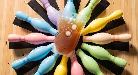 Colorful bowling pins arranged around a liquid-filled pouch on a wood surface with target design. Pastel hues dominate the scene.