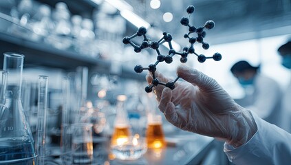 A scientist in a lab holds a molecular model
