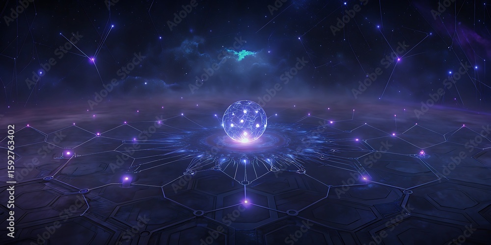 Poster a glowing orb of light sits at the center of a futuristic hexagonal network in a cosmic galaxy.