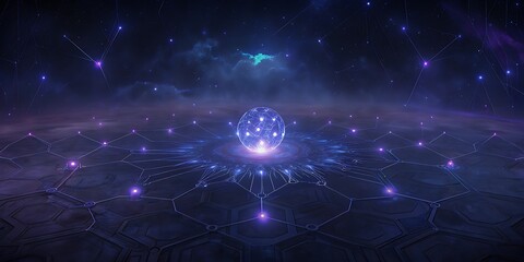 A glowing orb of light sits at the center of a futuristic hexagonal network in a cosmic galaxy.