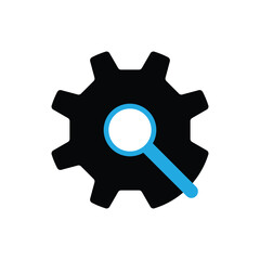 Gear with magnifying glass icon