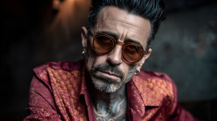Obraz premium Portrait of stylish mature man wearing sunglasses and showing tattoos