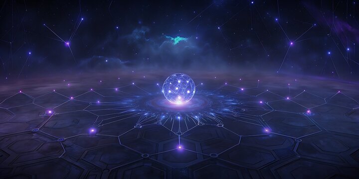 A glowing orb of light sits at the center of a futuristic hexagonal network in a cosmic galaxy.