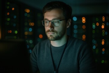 Focused Professional Analyzing Data in a Dimly Lit Server Room