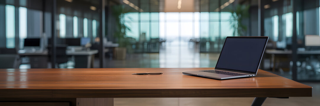 Modern office desk with laptop and pen - Powered by Adobe