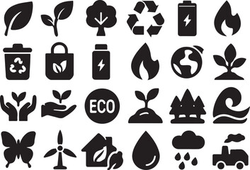 Obraz premium Black environmental icons on white background leaf sprout