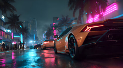 Orange sports car driving on wet road at night in tropical city
