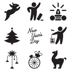 New Year Celebration Icons in Silhouette Style Tree, Fireworks, Gifts