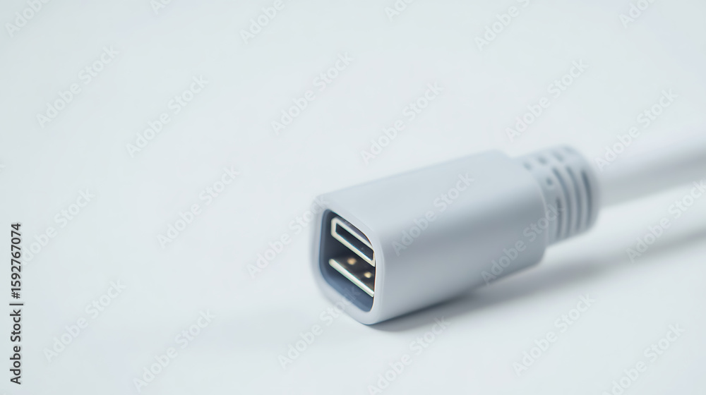 Poster a close-up of a white usb connector angled on a white background. it is a common connection for many