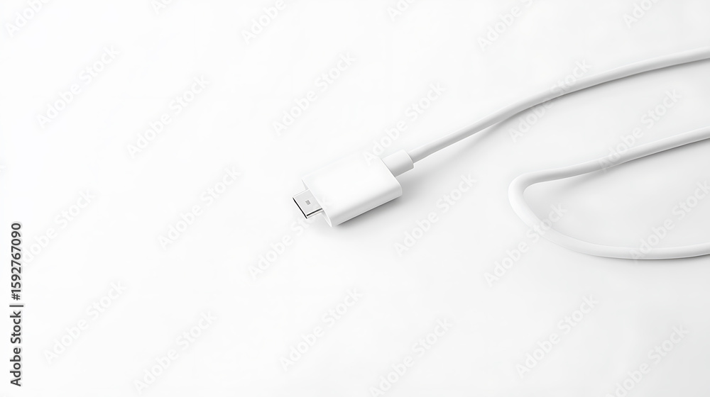 Poster white usb connector: a sleek and modern cable on a pristine white surface, perfect for data transfer