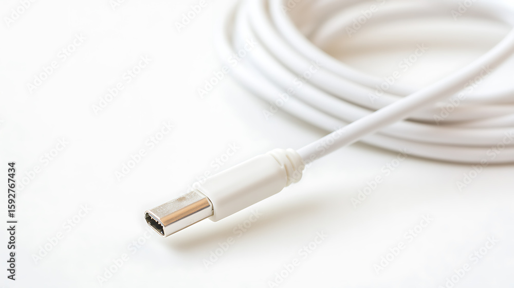 Poster close-up of a coiled, white data cable with a usb type-c connector. clean and modern design for conn