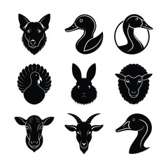 Black and White Farm Animal Silhouettes Dog Ducks Turkey Rabbit Sheep Goat and Calf
