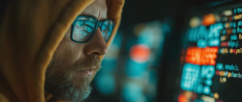 Retro male hacker with code reflected in sunglasses immersed in digital data, cloaked in shadows, exuding a mysterious, intense mood. echoes of cyberpunk themes, reminiscent of "neuromancer."
