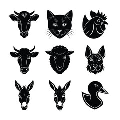 Collection of Black and White Farm Animal Head Silhouettes on White Background