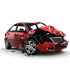 Naklejka premium Red Car with Severe Damage in Car Accident Isolated on White