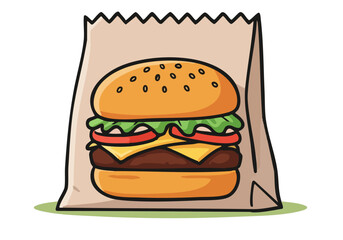 A charming illustration of a burger in a paper bag. Simple, clean design with a playful aesthetic. Perfect for food-related marketing and branding.