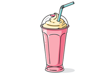 A cheerful illustration of a milkshake with a straw, playfully titled 'Shake Drive-Thru Joy'. Bold pink background and simple, modern style. Perfect for food, beverage, or summer themes.
