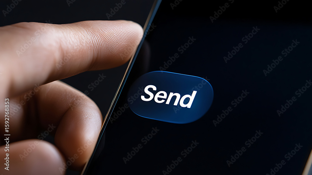 Aufkleber sending a message on a mobile phone: a finger presses the illuminated button on a touchscreen agains