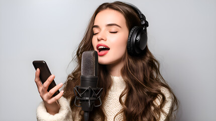Young woman singing and recording music with smartphone and microphone
