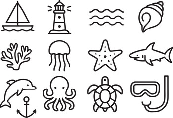 Fototapeta premium Nautical marine life and objects line art collection sailboat lighthouse