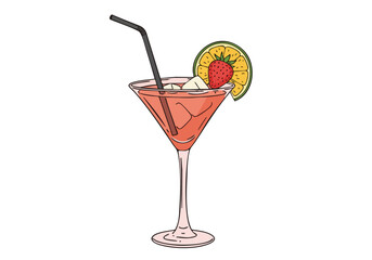 Festive non-alcoholic cocktail illustration. A stylish martini with strawberry and lime, perfect for celebratory designs. Bright, modern, and visually appealing.
