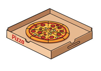 Isometric pizzbox illustration with a slice showcasing a 'Pizza Drive-Thru Feast' concept Bold modern design with a bright appealing aesthetic Perfect for food marketing and branding