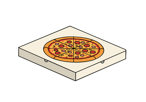 Isometric pizza box with a slice, showcasing a Pizza Drive-Thru Feast. Bold, graphic design with a vibrant color palette. Perfect for food marketing and advertising.
