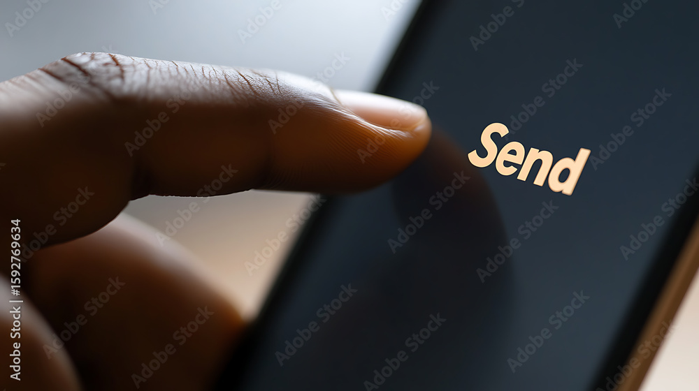 Aufkleber sending message: a fingertip hovers over the 'send' button on a sleek digital device, about to conne