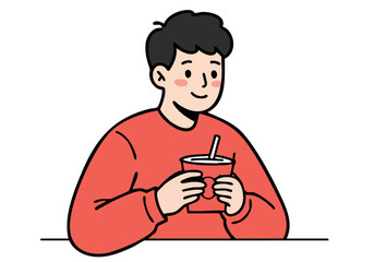 A young man enjoys a drive-thru meal, smiling and holding a drink. Simple, cheerful illustration. Perfect for food marketing and lifestyle content.