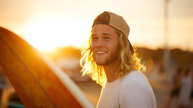 Surfer smiling at sunset holding surfboard on the beach