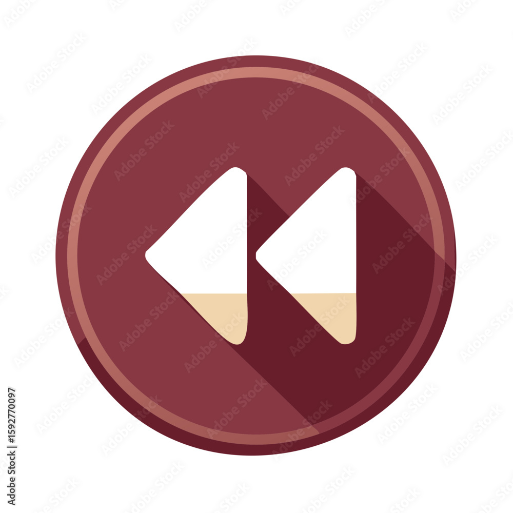 Poster retro rewind navigation button in maroon circle design, triangular play back control icon