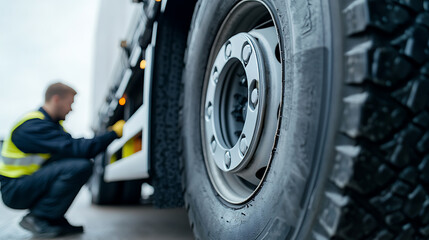 Mechanic inspecting a large truck. Ensuring safety and maintenance for road travel. Automotive industry at work. Wheels and tires ready for the road.