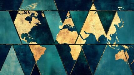 Geometric World Map Teal Gold Abstract Art Print