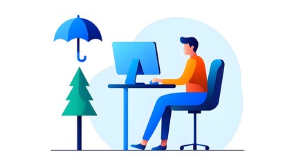 Illustration of man working on computer with umbrella and tree for insurance concept