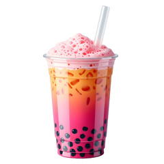 Pink Bubble Tea with Frothy Top in Plastic Cup.