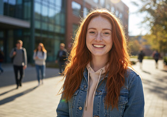 Smiling young woman with long red hair wearing a denim jacket and hoodie on a sunny day outside a university building