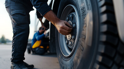 Mechanic working on truck tire, ensuring safety and maintenance. Tire repair expert handling a vehicle breakdown for reliability. Automotive service detail.
