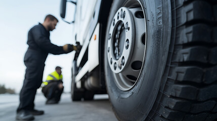 Truck maintenance: workers inspect tires. Safe roads start with vehicle checks. Regular inspections ensure roadworthiness, keeping drivers and cargo secure.