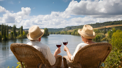 Senior couple enjoying wine by the river in dordogne, france