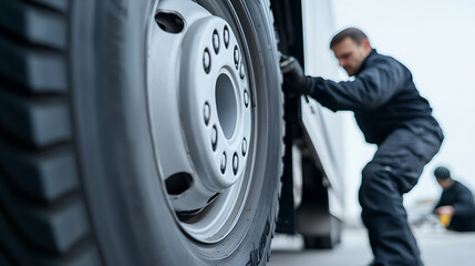 Truck tire maintenance being performed. Worker ensures smooth, safe driving. Focus on routine vehicle upkeep.